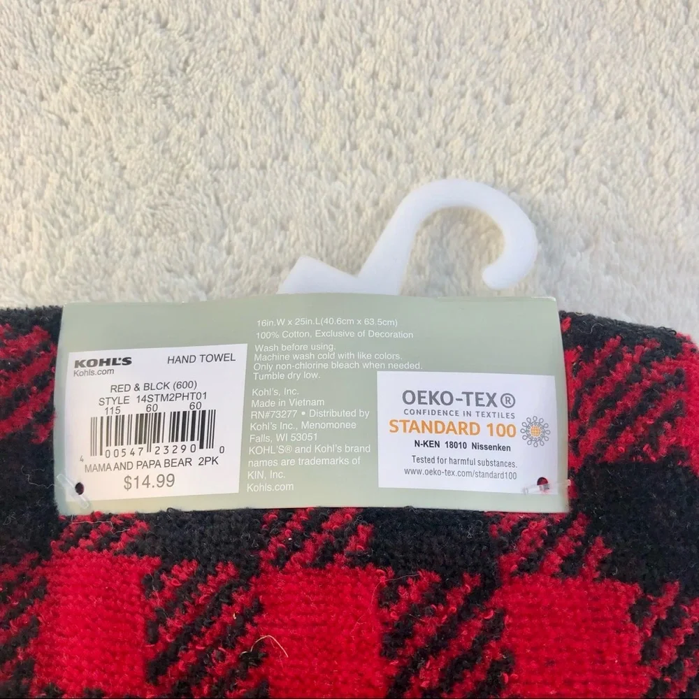 Christmas NWT Buffalo Check Mama Papa Bear Hand Towel Set